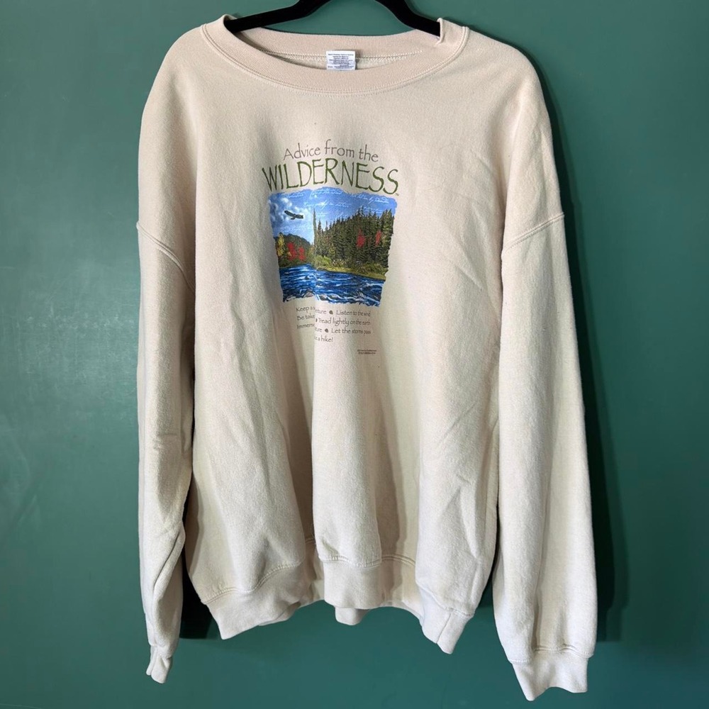 Vintage Gildan Advice from the Wilderness Nature Graphic Sweatshirt XL Cream